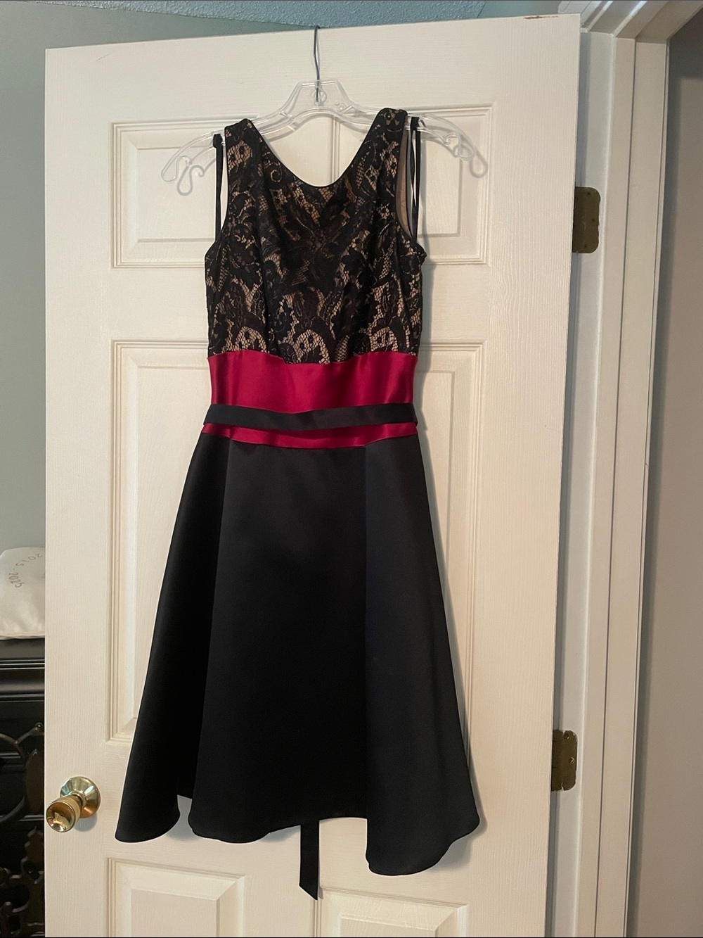 Talbots Black A-Line Dress with Burgundy Satin Waist